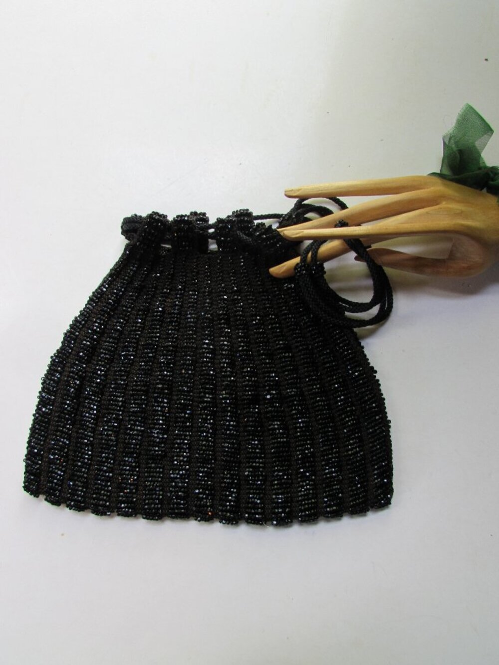 Antique Early 20th Century Black Bead Pouch Style Purse
